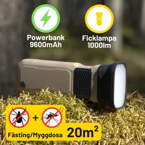 3-in-1 Fästing/Myggdosa, 9600 mAh Powerbank & Ficklampa