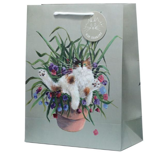 Presentpåse i olika storlekar, med katt i blomkruka, grön - Bild 2