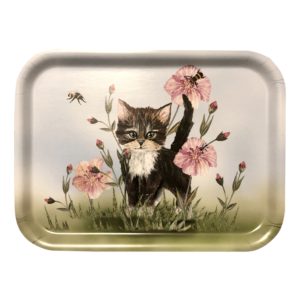 Bricka, Kattunge i rosa blom 27 x 20 cm