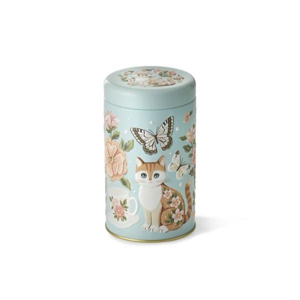 Plåtburk, katt med blommor och fjärilar